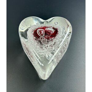 Rollin Karg Art Glass Hand Blown Heart Paperweight Clear & Red Bubbled Design